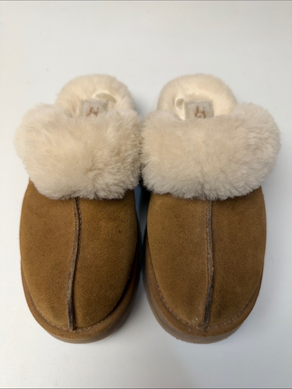 UGG Chestnut Suede Clog Slippers with Cream Shearling Cuff